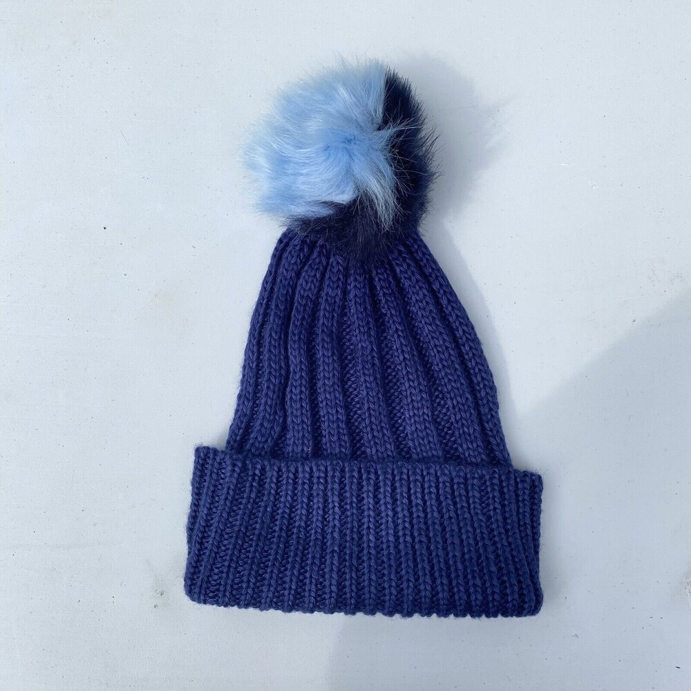 BCBG Pom Pom Beanie Blue Two Tone Knit Winter Hat New NWT